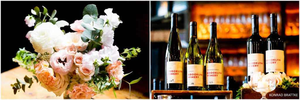 Two pictures of wine bottles and flowers on a table at Brooklyn Winery.