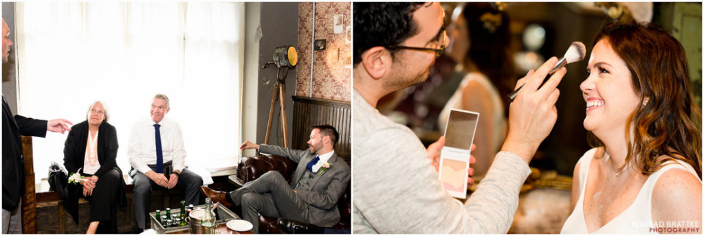 Two pictures of a bride getting her makeup done at Brooklyn Winery.