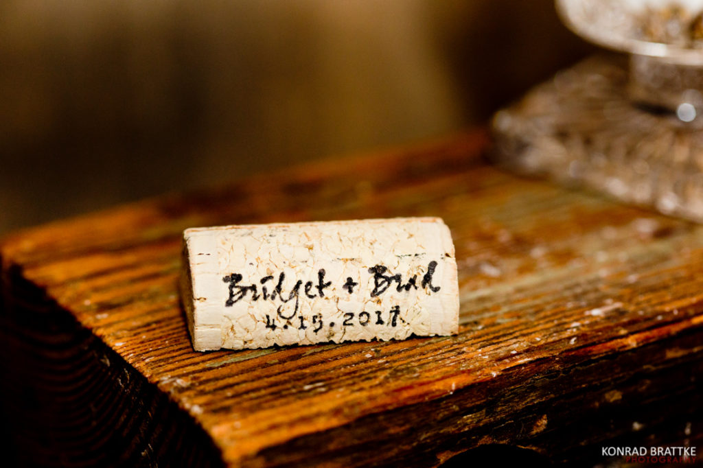 A personalized wine cork featuring the names of the bride and groom, perfect for weddings hosted at Brooklyn Winery.
