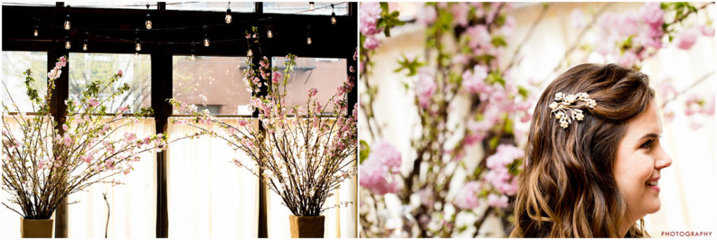 Two pictures of a bride with flowers in her hair captured at Brooklyn Winery.