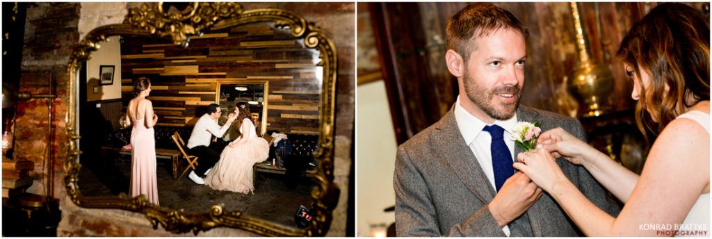Description: A bride and groom getting ready at Brooklyn Winery in front of a mirror.