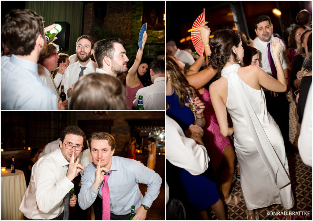 A group of pictures capturing people dancing at a Bowery Hotel wedding reception.