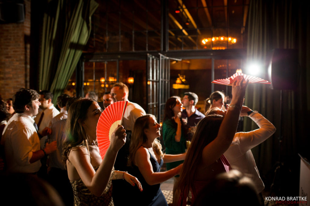 A group of people dancing at a Bowery Hotel wedding party.