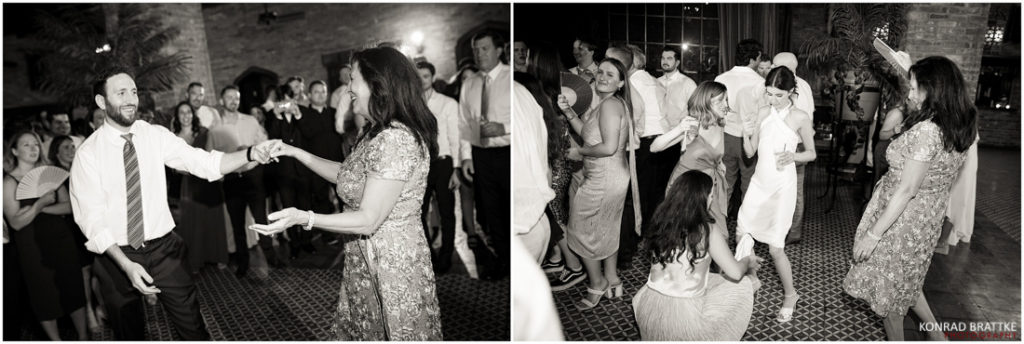A black and white photo of people dancing at a Bowery Hotel wedding.