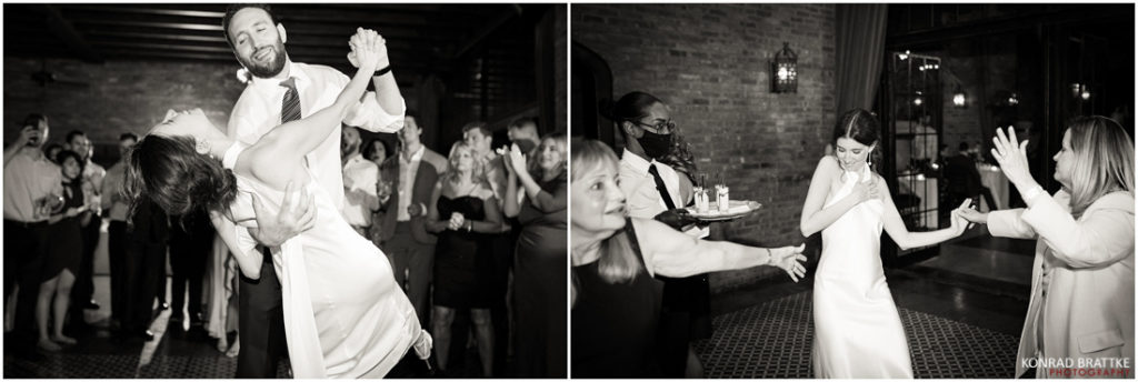 A bride and groom dancing at a Bowery Hotel wedding reception.