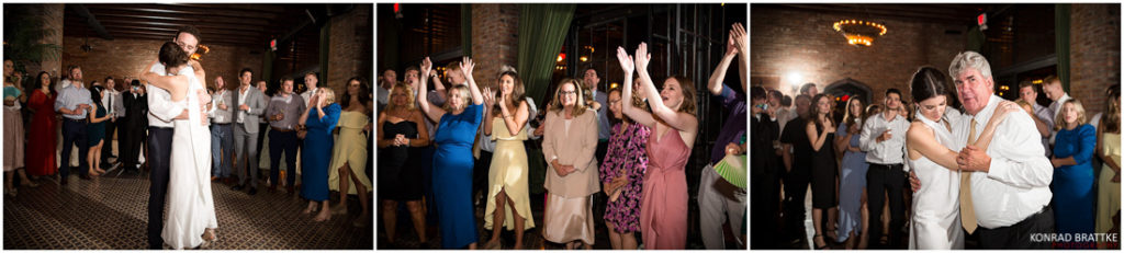 A group of people are dancing at a wedding reception in the Bowery Hotel.