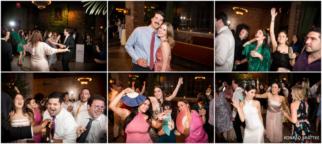 A collage of photos of people dancing at a Bowery Hotel wedding.