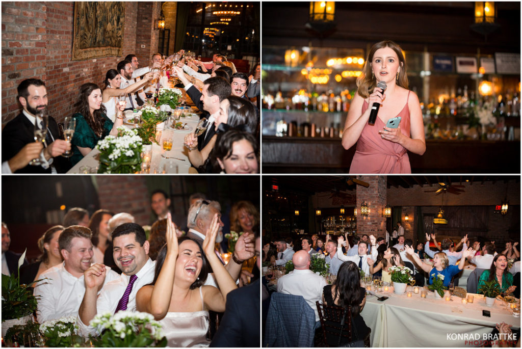 A collage of pictures of people at a bowery hotel wedding reception.