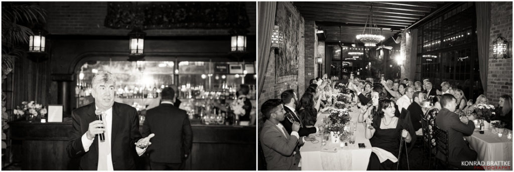 Two black and white photos of a Bowery Hotel wedding reception.
