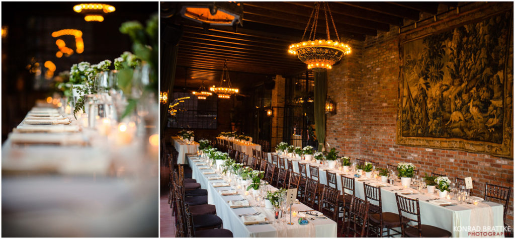 A wedding reception at the Bowery Hotel set up with long tables and greenery.