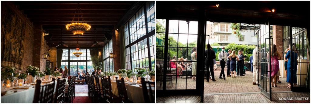 Two pictures of a Bowery Hotel wedding reception in an old building.