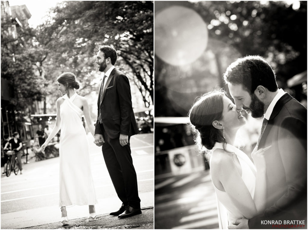 Two black and white photos of a bride and groom kissing on the street.