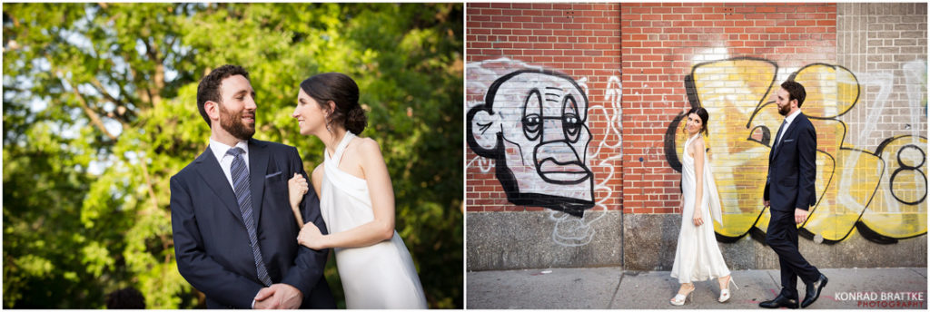 A bride and groom standing in front a graffiti wall as their backdrop at their wedding.