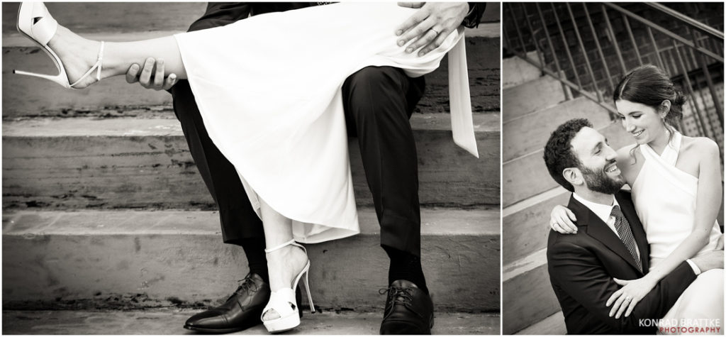 Wedding photos of a bride and groom sitting on steps, captured in black and white.
