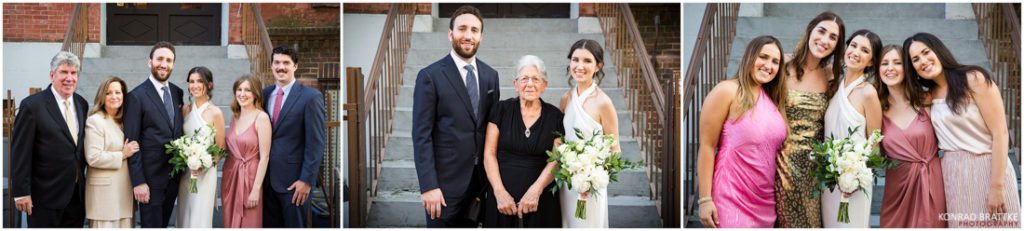 A group of people are posing for a picture at a wedding.