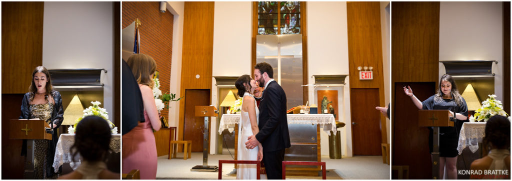 A wedding ceremony in a church, featuring a bride and groom. Keywords: church wedding