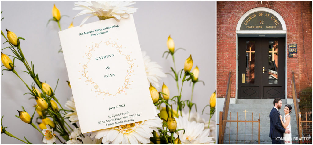 Wedding program and flowers in front of a church.