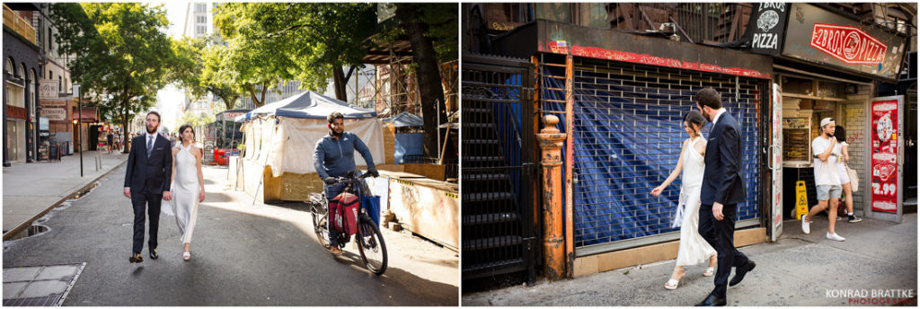 Two pictures of a bride and groom walking down the street.
