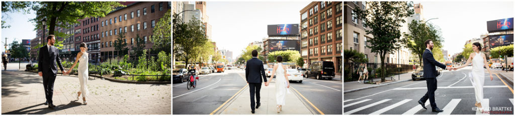 Four pictures of a bride and groom walking down the street near the Bowery Hotel.