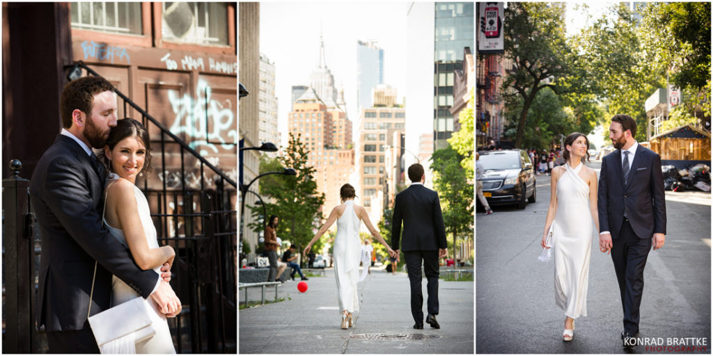 Four pictures capturing a bowery hotel wedding, with the bride and groom elegantly strolling down the street.