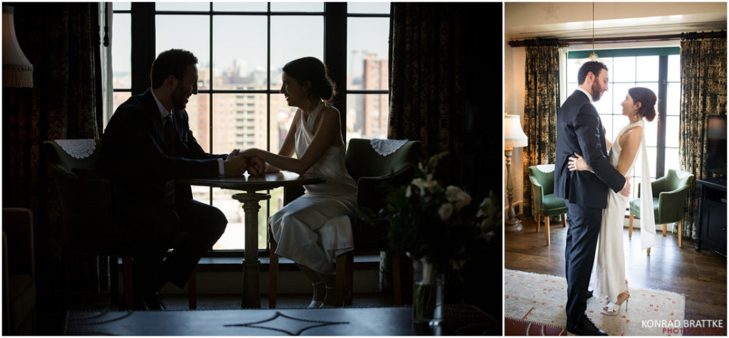 Two pictures of a bride and groom sitting in the elegant surroundings of the Bowery Hotel for their wedding.
