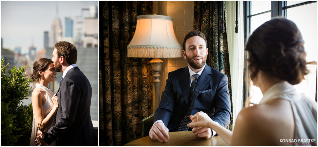 Two pictures of a bride and groom in front of a window at their Bowery Hotel wedding.