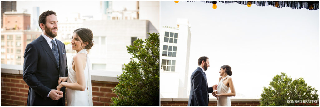 Two pictures of a bride and groom at the Bowery Hotel roof.