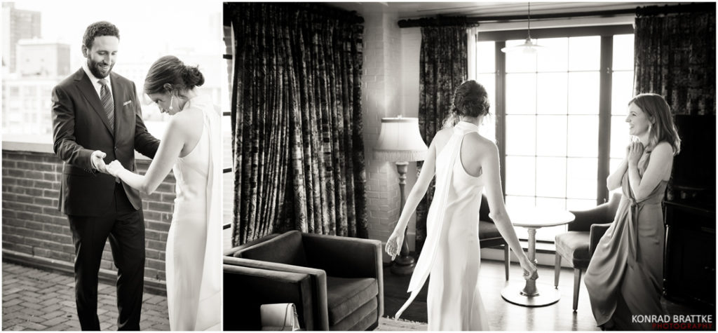 A bride and groom are getting ready at the Bowery Hotel for their wedding.