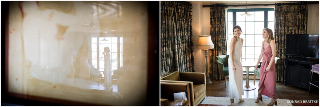 Two pictures of brides standing in front of a mirror.