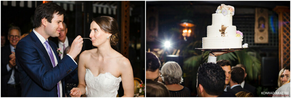 A bride and groom feeding each other their wedding cake at the River Cafe.