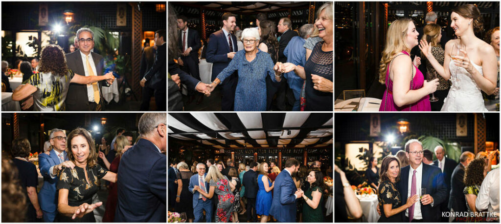 A vibrant collage of pictures capturing energetic people dancing at a lively wedding at the river cafe.
