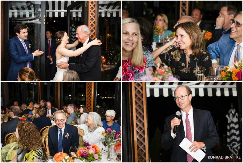 A collage of photos from a wedding reception at the River Cafe.