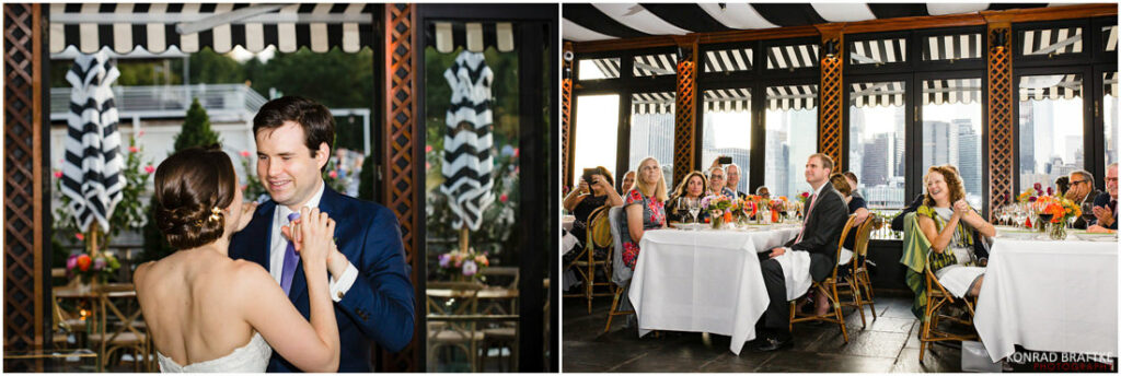 The newly married couple gracefully dances at their wedding reception, surrounded by the ambiance of the River Cafe.