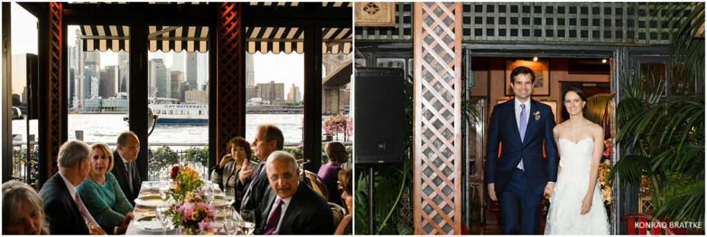 A bride and groom standing in front of the River Cafe, with a view of the city.