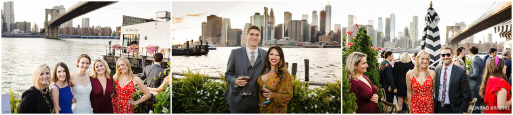 A group of people posing in front of the Brooklyn Bridge near River Cafe.
