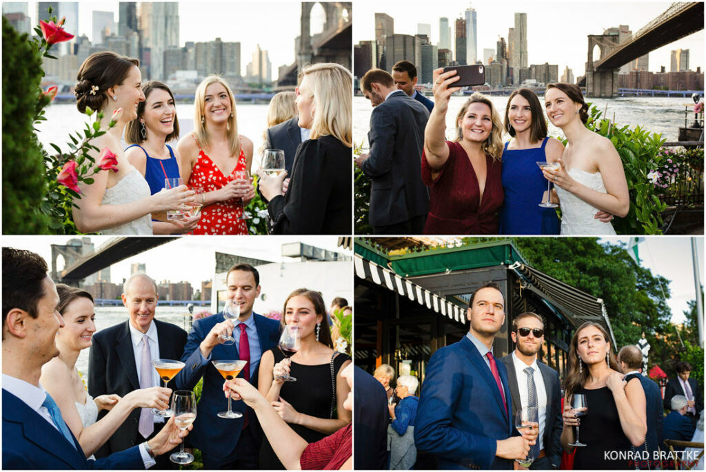 A group of people are drinking wine at the River Cafe, an outdoor event.