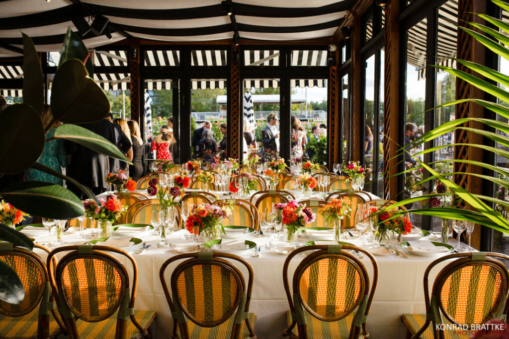 A table set up for a wedding reception at the river cafe.
