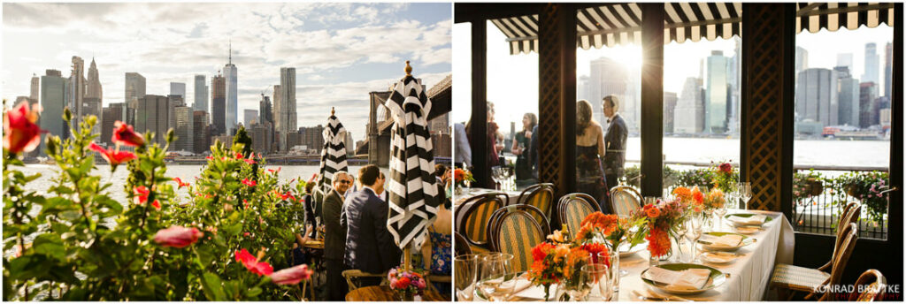 A table at the River Cafe with flowers and a view of the city.