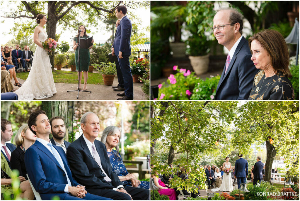 A collage of photos capturing the serene ambiance of a garden wedding ceremony at River Cafe.