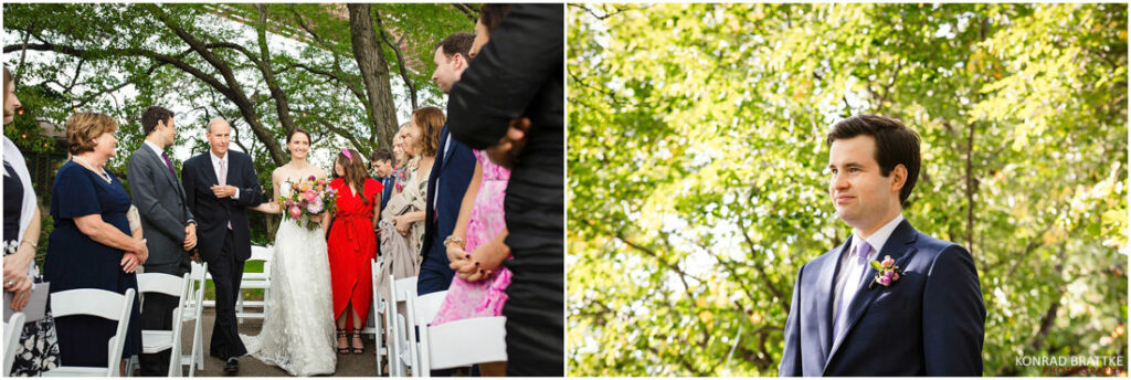 A bride and groom walking down the aisle at the River Cafe.
