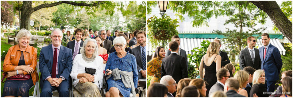 A group of people are gathered at a wedding ceremony in a charming riverside cafe.