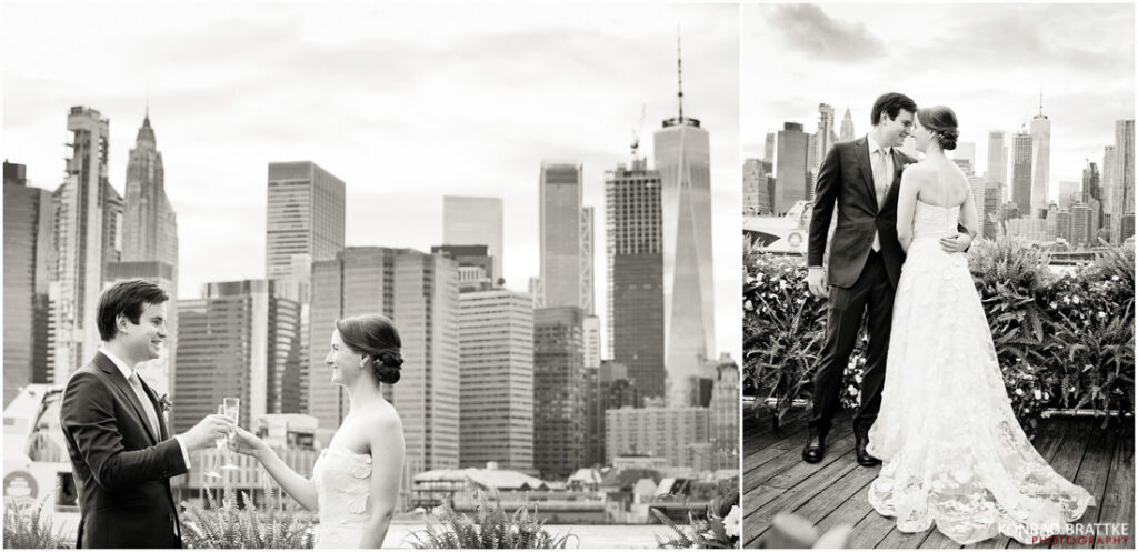 Two black and white photos of a bride and groom in front of a city skyline near River Cafe.