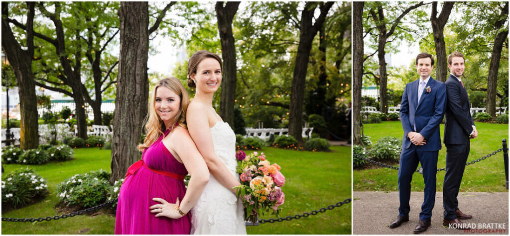 A bride and groom posing for a photo at the River Cafe in a park.