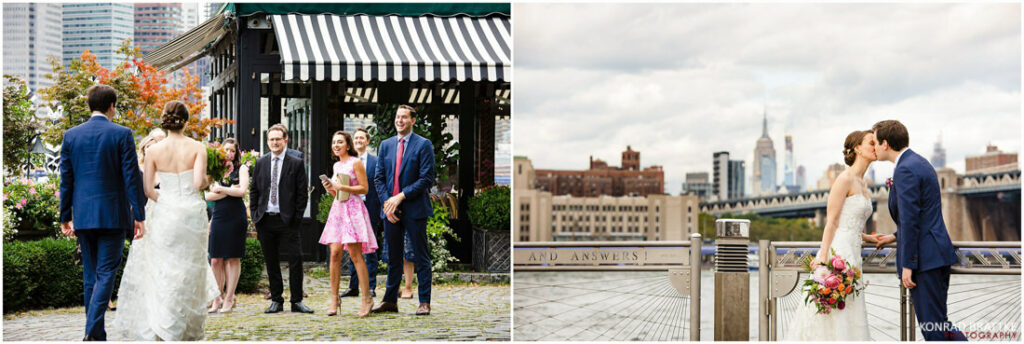A bride and groom in front of the Brooklyn Bridge, with the River Cafe in the background.