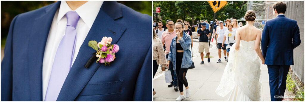 Two pictures of a bride and groom walking down the street near the River Cafe