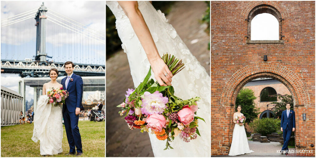 A bride and groom pose in front of a charming brick building.