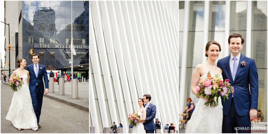 A bride and groom standing in front of the Ocules in New York.