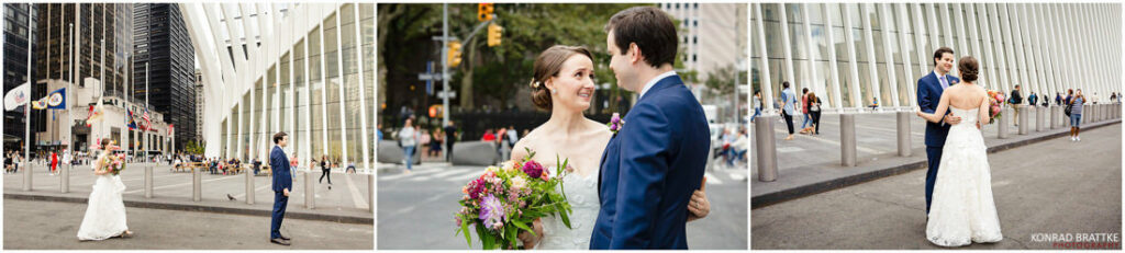 A bride and groom standing in front of the Oculus in New York.