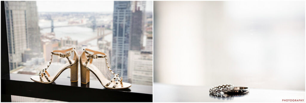 A pair of gold wedding shoes and a ring on a window sill.