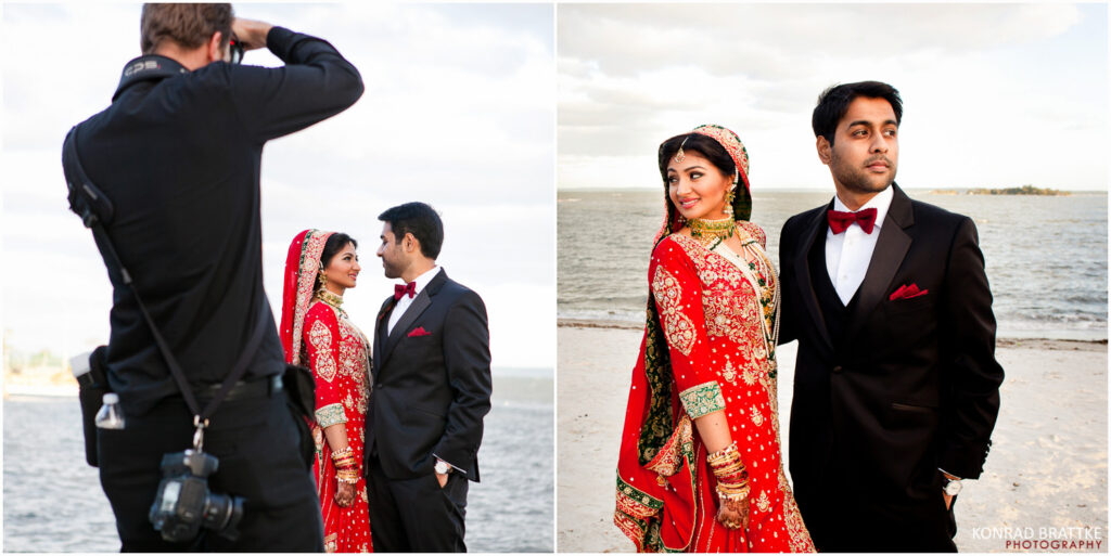 Two pictures of a bride and groom on the beach captured by a Maryland wedding photographer.